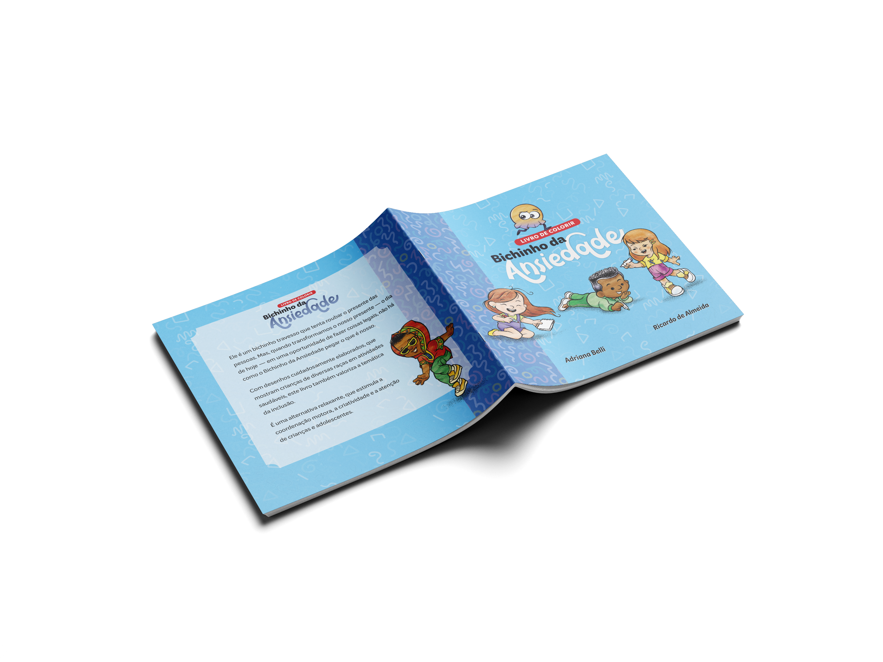 Capa e contracapa abertas do livro Bichinho da Ansiedade